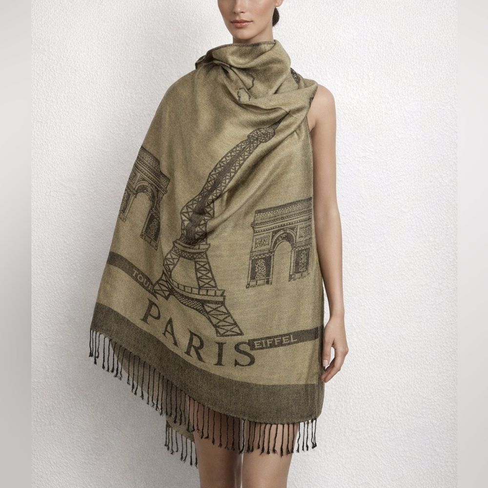 Paris Eiffel Tower Arc de Triomphe Fringe Scarf Shawl Wrap Beige Black 27x77